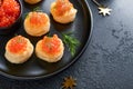 Salmon red caviar toast. Christmas canape or toast with red caviar on black plate on dark background. Idea to xmas snack. Gourmet Royalty Free Stock Photo