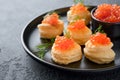 Salmon red caviar toast. Christmas canape or toast with red caviar on black plate on dark background. Idea to xmas snack. Gourmet Royalty Free Stock Photo