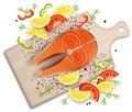 Salmon fish steak on cutting board, vector realistic illustration