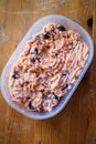 Salmon rillettes in a plastic container Royalty Free Stock Photo