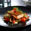 Salmon roast steak presentation isolated on black dish in table of the restaurant. Generative Ai