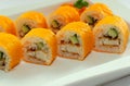 Salmon rolls. Japanese cuisine. Traditional sushi roll with salmon. Asian traditional food sake maki. Royalty Free Stock Photo