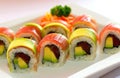 Salmon rolls. Japanese cuisine. Traditional sushi roll with salmon. Asian traditional food sake maki. Royalty Free Stock Photo