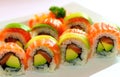 Salmon rolls. Japanese cuisine. Traditional sushi roll with salmon. Asian traditional food sake maki. Royalty Free Stock Photo