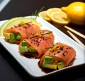 Salmon rolls stuffed with avocado on a bed of sweet and sour sauce with black sesame