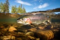 Salmon, rumored to be the largest in the river, close up. AI Generated Royalty Free Stock Photo