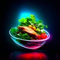 Salmon salad in a bowl on a dark background. Selective focus. AI Generated