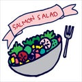 Salmon salad in the bowl with fork illustration. healthy food with fresh vegetable and salmon. hand drawn vector. doodle art for l Royalty Free Stock Photo