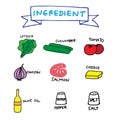 Set of salmon salad ingredients, lettuce, cucumber, tomato, onion, salmon, cheese, olive oil, pepper and salt. hand drawn vector.