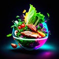 Salmon salad in a glass bowl on a black background. 3d rendering AI Generated