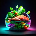 Salmon salad in a glass bowl on a dark background. 3d rendering Generative AI