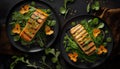Salmon salad with microgreens and edible flowers on a dark background. Top view
