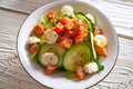 Salmon salad of mozzarella tomato cucumber Royalty Free Stock Photo