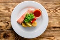 salmon with salad and vegetables - dish on a wooden background Royalty Free Stock Photo