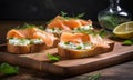 salmon sandwiches on a wooden board Royalty Free Stock Photo