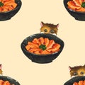 Salmon Sashimi Bowl and Cute Cat Peeking Watercolor. Illustration Seamless Background