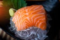 Salmon sashimi cutting and surve.