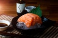 Salmon sashimi cutting and surve.