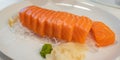 Salmon Sashimi fish Japanese food. Salmon raw sashimi on white plate Royalty Free Stock Photo