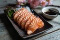 Salmon sashimi Japanese food with soy sauce Royalty Free Stock Photo