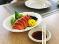 Salmon sashimi japanese food on wooden table background Royalty Free Stock Photo