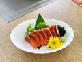 Salmon sashimi japanese food on wooden table background Royalty Free Stock Photo