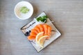 Salmon sashimi in Japanese style fresh serve on white plate Royalty Free Stock Photo
