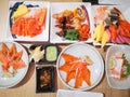 Salmon sashimi menu set Japanese cuisine fresh ingredients on plate sushi set - Japanese food served on the table raw sashimi Royalty Free Stock Photo