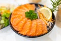 Salmon Sashimi, popular raw fish seafood serve in Japanese restaurant high nutrition with omega oil menu Royalty Free Stock Photo