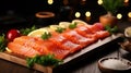 Salmon sashimi presented on the table