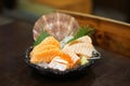 Salmon sashimi - Raw fresh and grilled salmon sliced served on i Royalty Free Stock Photo