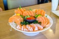 Salmon sashimi set on white bowl Selective focus