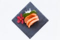 Salmon Sashimi : Sliced Raw Salmon Served with Sliced Radish on Stone Plate