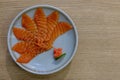 Salmon Sashimi with white plate on wood background.