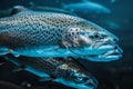 Salmon school at sea farm, a large group of fish swimming in the ocean environment Royalty Free Stock Photo