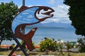 Salmon sculpture overlooking Lake Calafquen. Licanray, Araucania, Chile