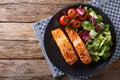 Salmon with sesame seeds in Asian style and fresh salad close-up. horizontal top view Royalty Free Stock Photo