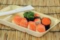 Salmon,shrimp,seawe ed sushi in foam box