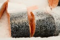 Salmon slice in supermarket. piece of fish in ice at restaurant kitchen. Fresh fish fillet. Healthy food for sushi.Top view. Mock Royalty Free Stock Photo