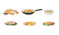 Salmon Soup and Noodles with Shrimps in Frying Pan as Seafood Dishes Vector Set