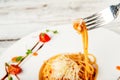 Salmon spaghetti in creamy tomato sauce on a white plate. Traditional Italian pasta with sauce on a fork, tomatoes and basil close Royalty Free Stock Photo