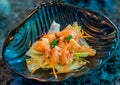 Salmon spicy salad. Japanese and thai fusion food. image for background,