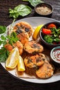 Salmon and spinach fish cakes, top view Royalty Free Stock Photo