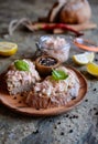 Salmon spread with cream cheese and onion on whole grain bread slices Royalty Free Stock Photo