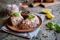 Salmon spread with cream cheese and onion on whole grain bread slices Royalty Free Stock Photo