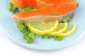 Salmon steak on blue dish Royalty Free Stock Photo