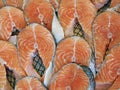 Salmon steak on the counter fish markets. Food background. Ista