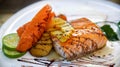 Salmon steak on dish in Grill seafood restaurant