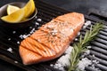 salmon steak with grill marks, salt grains and herb sprigs around