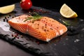 salmon steak with grill marks on a stone slab Royalty Free Stock Photo